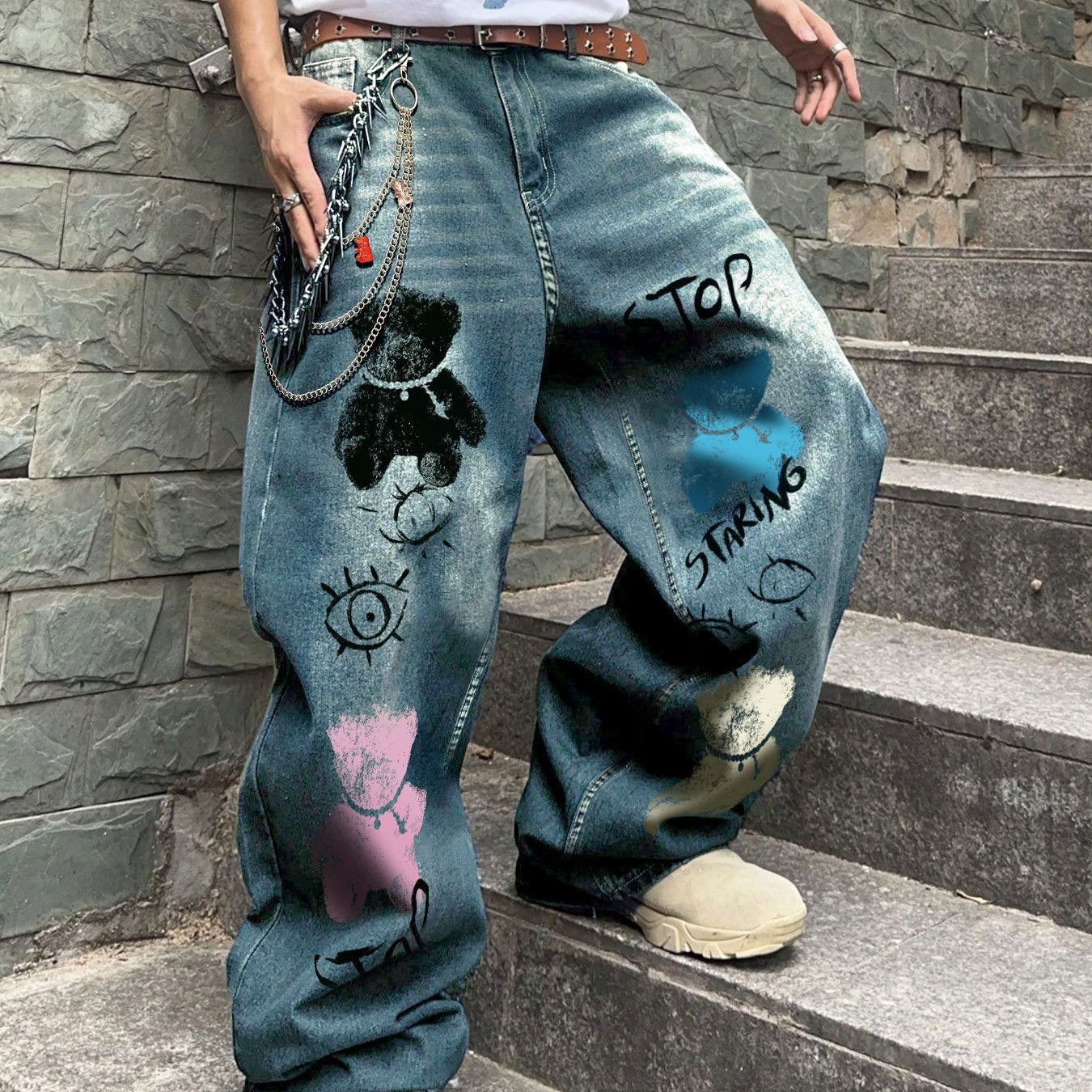 Men's Streetwear Wide-Leg Floor-Length Oversized Jeans - High-Waisted Elastic Waist Trousers with Letter Print (Stop/Go/Up//Yes/No) & Pocket Design -