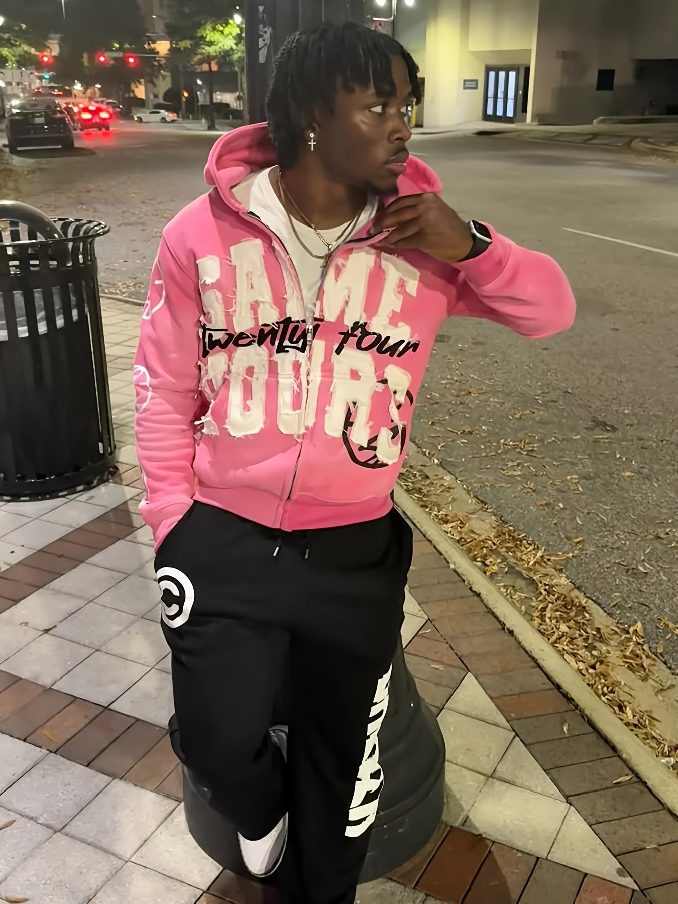 [Designer Retro Hoodie] Retro Streetwear Hoodie - 2025 New Designer "SAME TWENTY FOUR" Letter Print, Vibrant Blue with White Graphic, Regular Fit Zipper Hooded Sweatshirt for Men