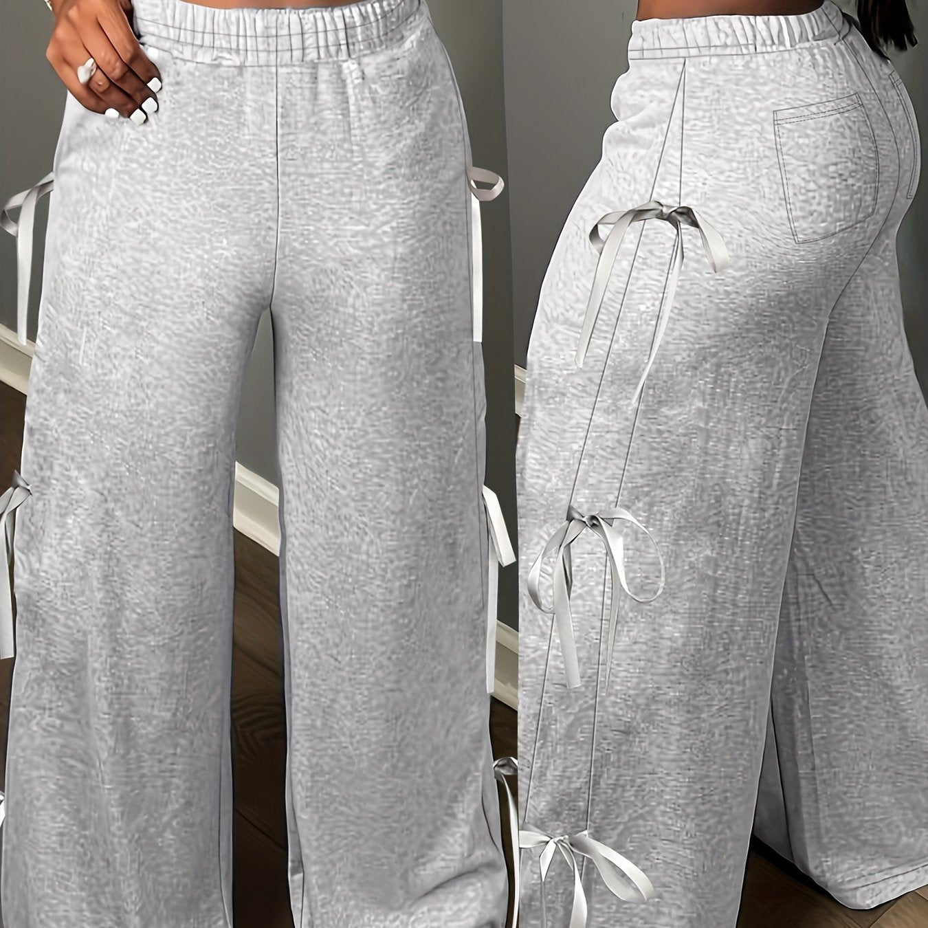 Plus Size, Women's Elegant Side Bow Tie Straps & Back Pockets Stretchy Loose Straight Leg Pants - Comfortable Elastic Waistband, Machine Washable, Spring Summer Fall Casual Outing Trousers, Seasonal Fashion, Durable Clothing