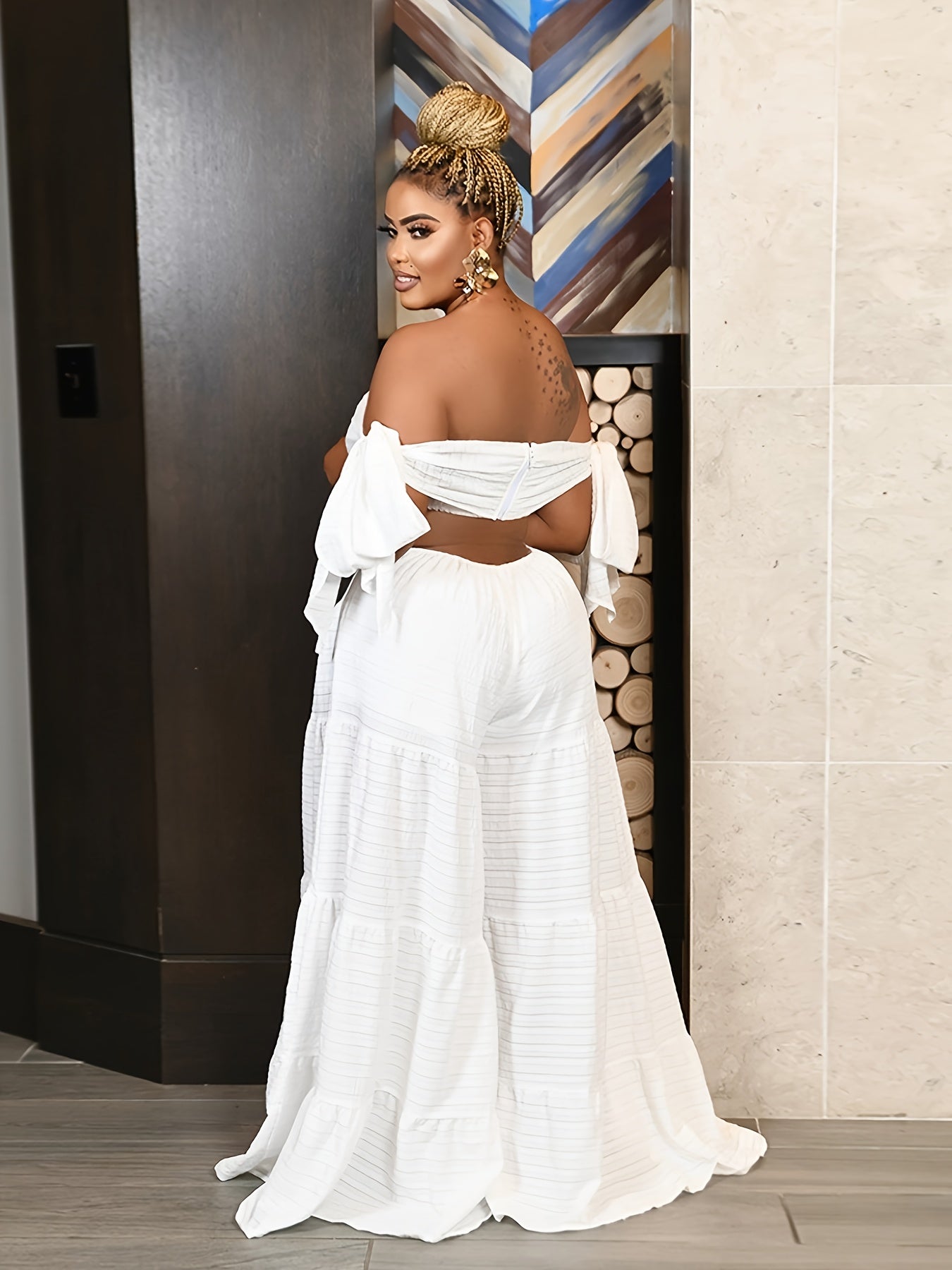 [Elegant Jumpsuit] White Elegant Off-Shoulder Wide-Leg Jumpsuit for Women | Sleeveless, High-Low Hem, Ruffle Detail, Textured Fabric, Perfect for Spring/Summer Parties & Casual Outings