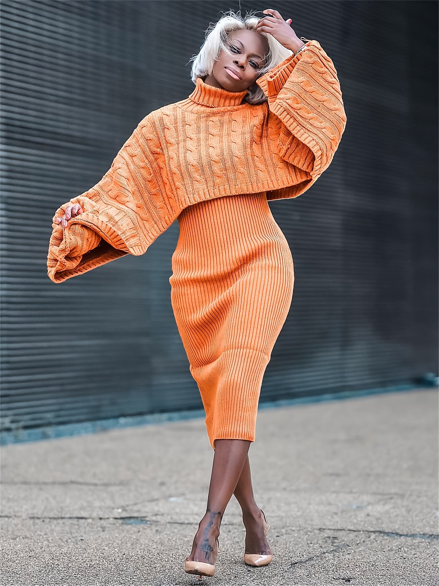 Women 2pcs High Neck Cape Sleeves Sweater Tops And Tank Dress Set - Chic And Casual Style For Fall , Winter
