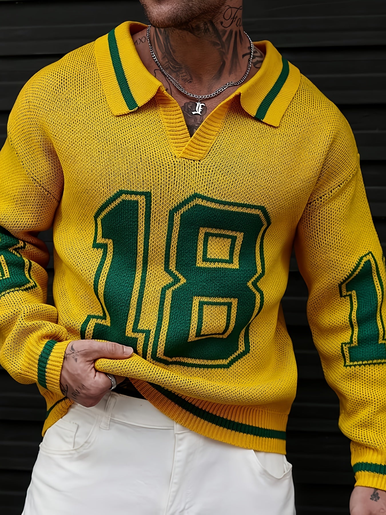 Men Basketball-Inspired Knit Pullover Sweater, Geometric Pattern Long Sleeve Casual sports knit tops, Men's autumn and winter knitted pullover.