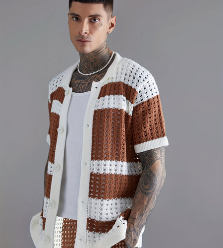 Men's Knitted Casual Suit Regular Fit Acrylic Lapel Sports Style Color Block Summer Suit Keep Short Eye Catching