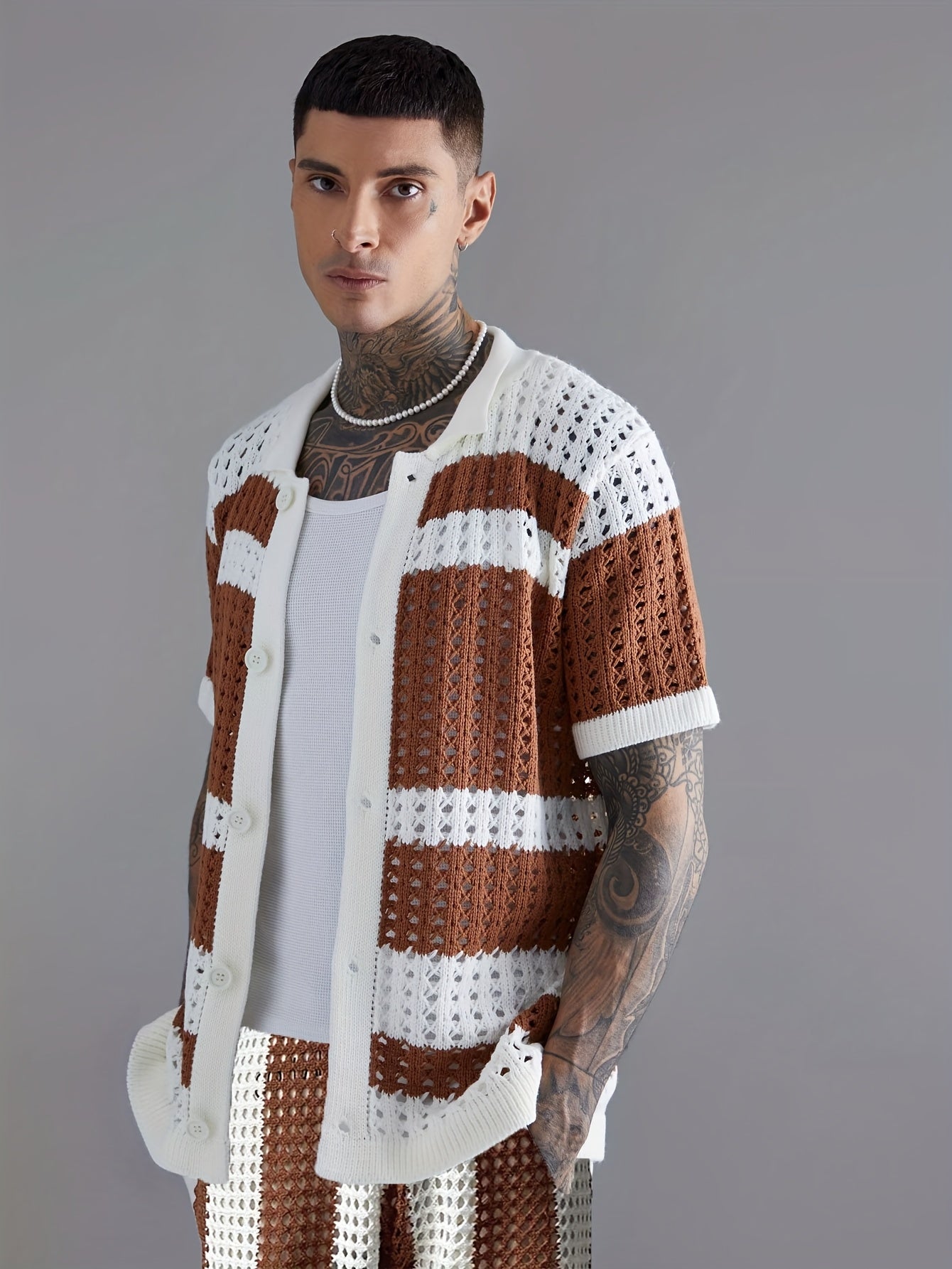 Men's Knitted Casual Suit Regular Fit Acrylic Lapel Sports Style Color Block Summer Suit Keep Short Eye Catching