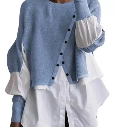 Elegant Two-Piece Sweater Shirt with Puffed Sleeves & Button Front - Long Sleeve Round Neck All-Season Machine Washable Solid Color Outerwear