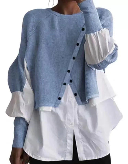 Load image into Gallery viewer, Elegant Two-Piece Sweater Shirt with Puffed Sleeves &amp; Button Front - Long Sleeve Round Neck All-Season Machine Washable Solid Color Outerwear
