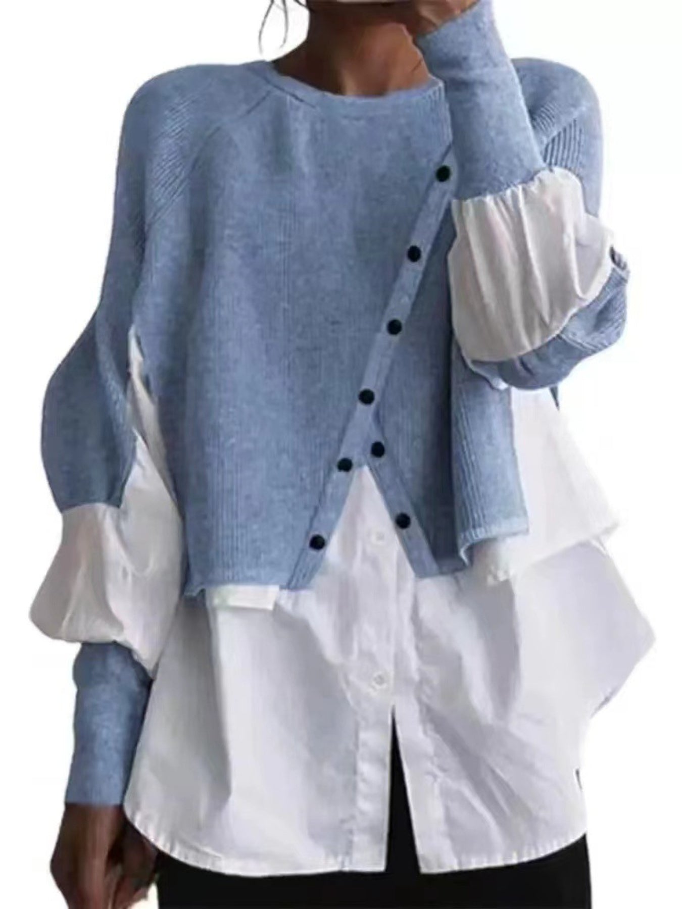 Elegant Two-Piece Sweater Shirt with Puffed Sleeves & Button Front - Long Sleeve Round Neck All-Season Machine Washable Solid Color Outerwear