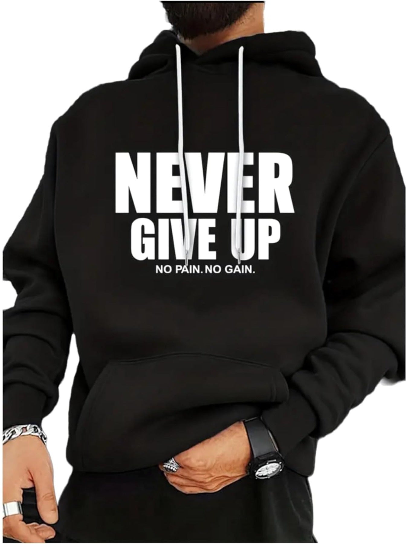 Men Never Give Up Motivational Cotton Hooded Sweatshirt Black with White Lettering Super Soft Breathable Streetwear Pullover Regular Fit All Season Casual Hoodie for Daily Wear