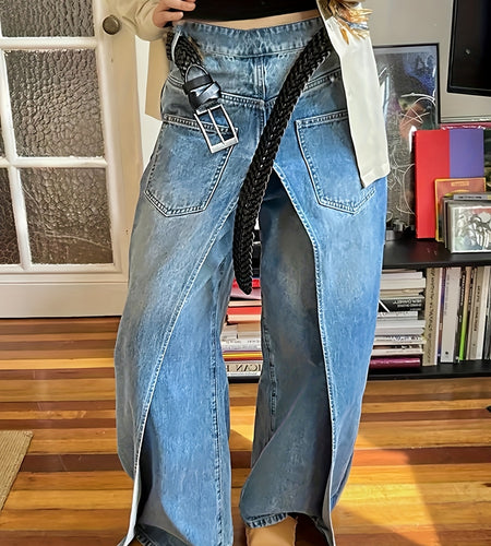 Women's 2-in-1 High Waist Vintage Washed Denim Jeans Magic Mia Barrel Jeans Baggy Urban Explorer Pants Faux Two-Layer Overlay Side Zipper Street Style