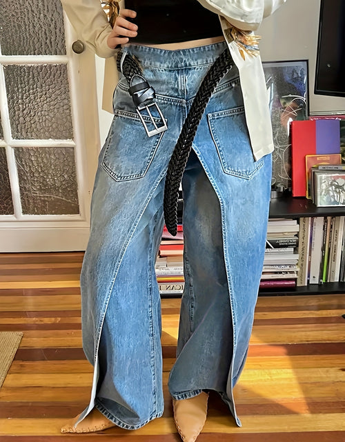 Load image into Gallery viewer, Women&#39;s 2-in-1 High Waist Vintage Washed Denim Jeans Magic Mia Barrel Jeans Baggy Urban Explorer Pants Faux Two-Layer Overlay Side Zipper Street Style
