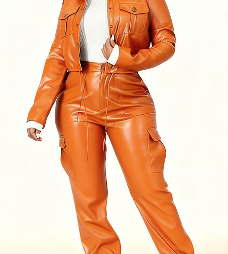 Fashionable Orange Retro Sexy High-end Slim-fit Stylish Top And Long Pants with Pockets