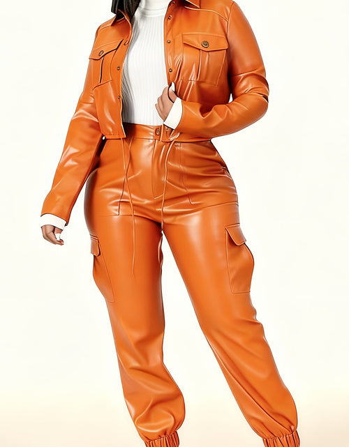 Load image into Gallery viewer, Fashionable Orange Retro Sexy High-end Slim-fit Stylish Top And Long Pants with Pockets
