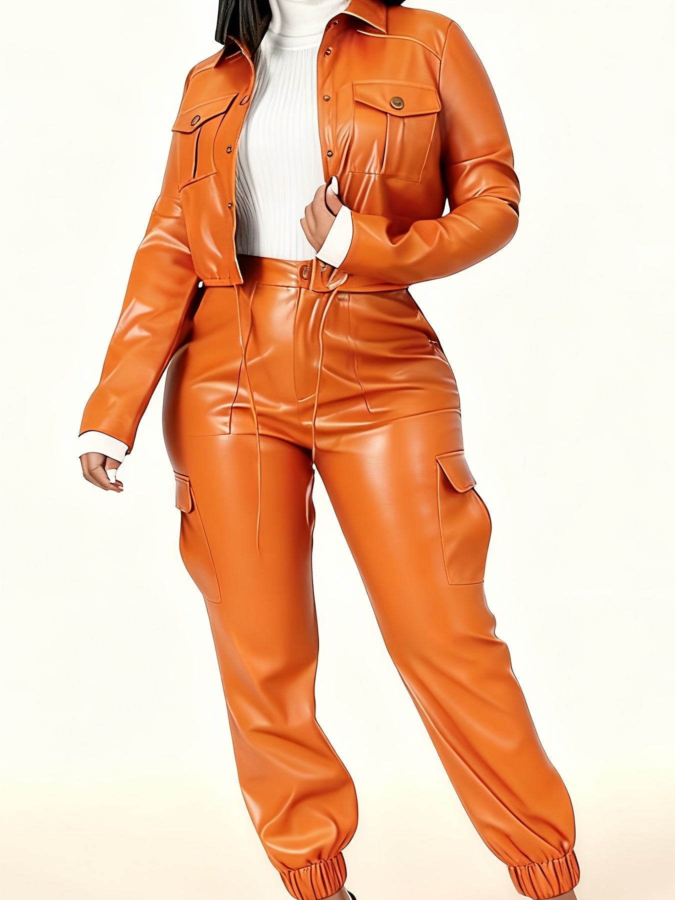 Fashionable Orange Retro Sexy High-end Slim-fit Stylish Top And Long Pants with Pockets