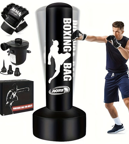 68" Freestanding Punching Bag with Stand for Adults - Inflatable Heavy Bag for Kickboxing, MMA, Muay Thai Training - Includes Pump and Gloves - Black, Home Gym Equipment | Boxing Motif Design