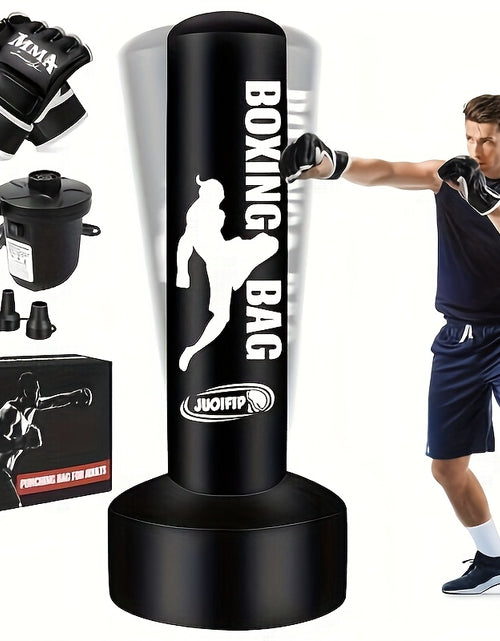 Load image into Gallery viewer, 68&quot; Freestanding Punching Bag with Stand for Adults - Inflatable Heavy Bag for Kickboxing, MMA, Muay Thai Training - Includes Pump and Gloves - Black, Home Gym Equipment | Boxing Motif Design
