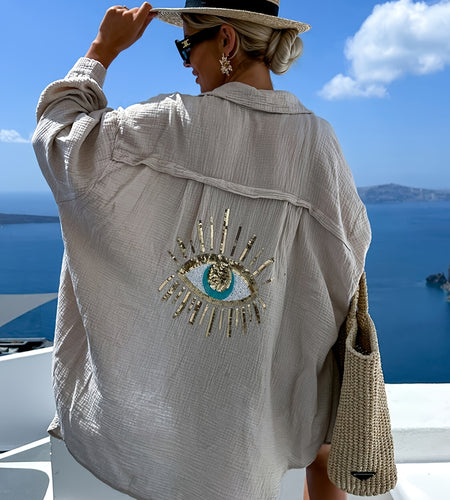 Plus Size Women's Teal Blue Beach Cardigan - Long Sleeve, Loose Fit, Sequin Third Eye Design, Soft Polyester Knit Fabric for Spring/Summer