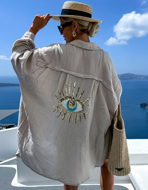 Load image into Gallery viewer, Plus Size Women&#39;s Teal Blue Beach Cardigan - Long Sleeve, Loose Fit, Sequin Third Eye Design, Soft Polyester Knit Fabric for Spring/Summer
