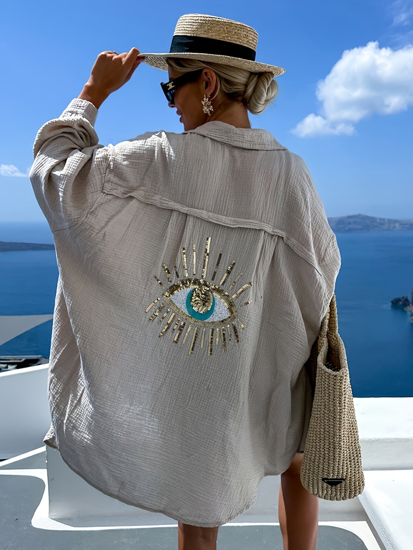 Plus Size Women's Teal Blue Beach Cardigan - Long Sleeve, Loose Fit, Sequin Third Eye Design, Soft Polyester Knit Fabric for Spring/Summer