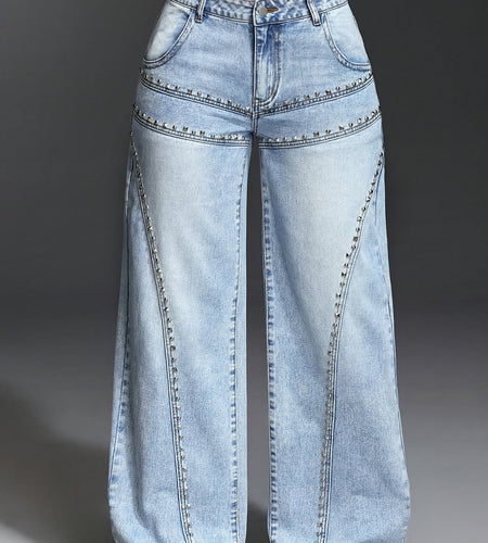 Women  Pocket Stud Inlaid Loose Wide Leg Jeans | Elegant, Non-Stretch, Solid Color, Button Fly, Mid Waist, Cut