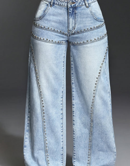 Load image into Gallery viewer, Women  Pocket Stud Inlaid Loose Wide Leg Jeans | Elegant, Non-Stretch, Solid Color, Button Fly, Mid Waist, Cut
