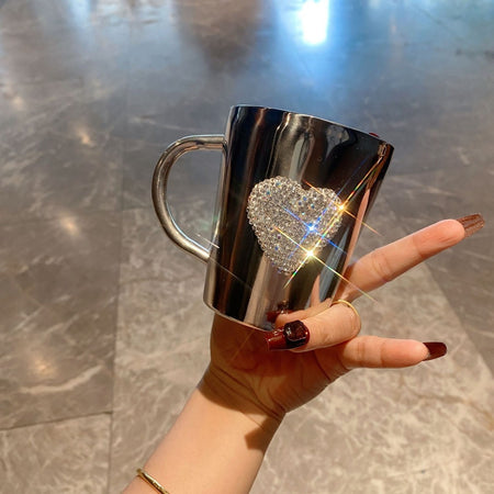 1pc Diamond-Studded Heart-Shaped Stainless Steel Coffee Mug - 304 Stainless Steel, Portable Travel Cup with Sparkling Diamond Accents, Elegant Gift for Coffee & Tea Lovers