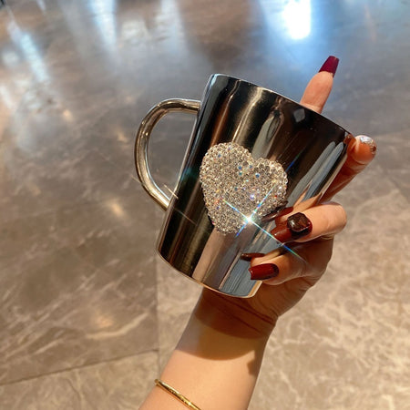 1pc Diamond-Studded Heart-Shaped Stainless Steel Coffee Mug - 304 Stainless Steel, Portable Travel Cup with Sparkling Diamond Accents, Elegant Gift for Coffee & Tea Lovers