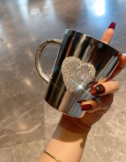 Load image into Gallery viewer, 1pc Diamond-Studded Heart-Shaped Stainless Steel Coffee Mug - 304 Stainless Steel, Portable Travel Cup with Sparkling Diamond Accents, Elegant Gift for Coffee &amp; Tea Lovers
