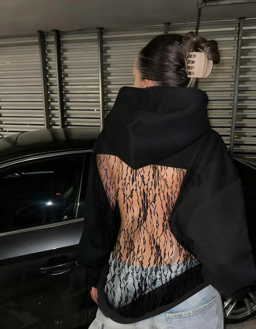 Load image into Gallery viewer, Women's Solid Color Open Back Mesh Hooded Sweatshirt - Long Fall Nightclub Sweater with, Semi-Sheer Elegant Sweaters for Parties &amp; Casual Wear, Dress Length (Hand Wash Care)
