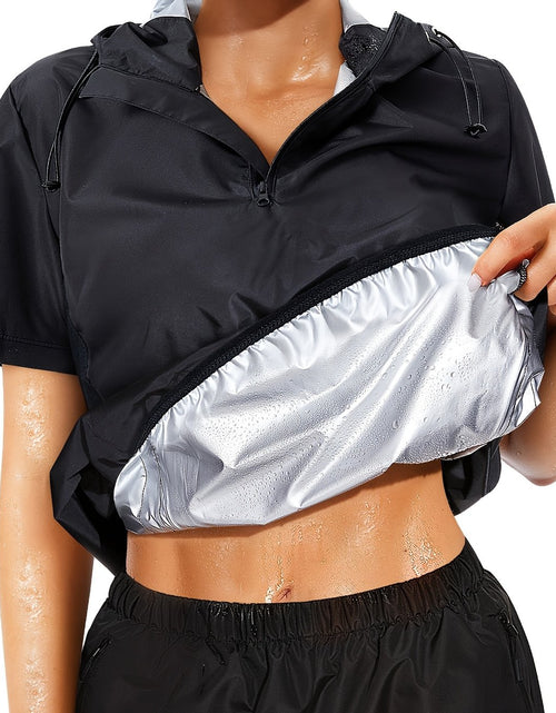 Load image into Gallery viewer, Plus Size Women&#39;s Sauna Jacket - Workout Top with Zipper Front, Moisture-Wicking Polyester, Stand Collar &amp; Short Sleeves for Gym, Casual Wear - All-Season Body Shaper, Gym Apparel, Sleek Sporty Design, Medium Elasticity
