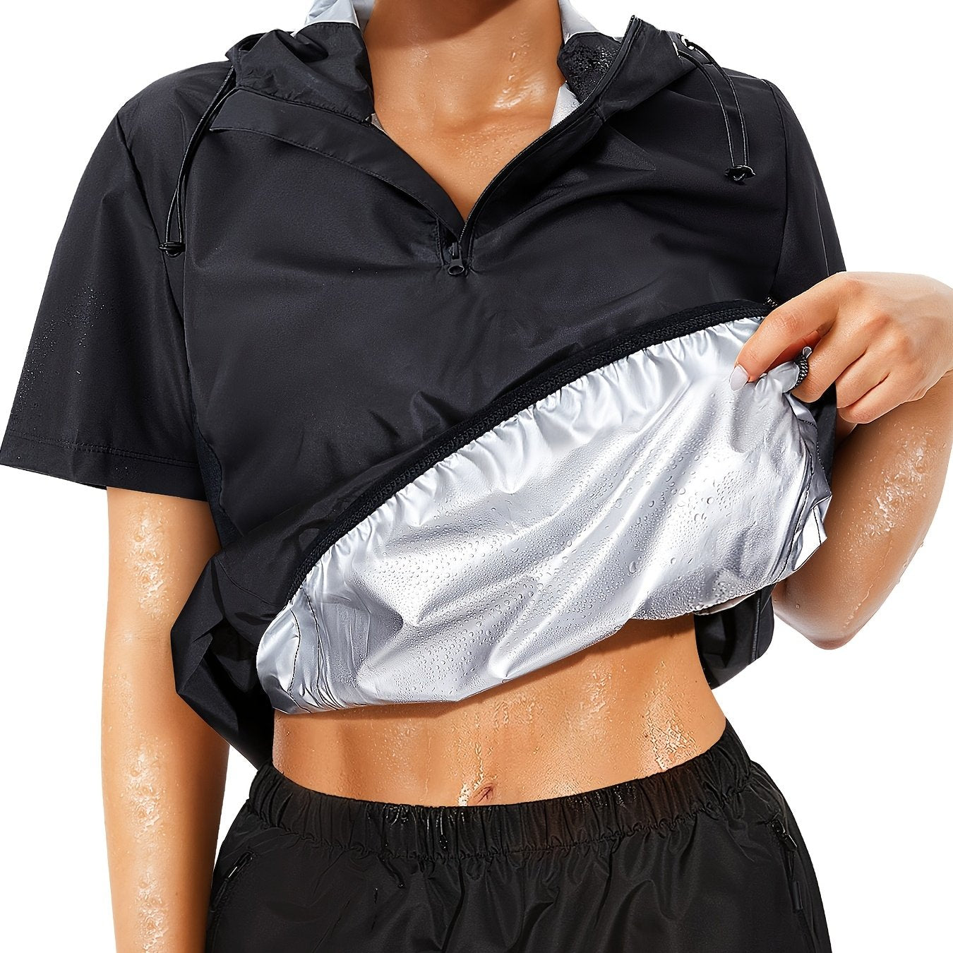 Plus Size Women's Sauna Jacket - Workout Top with Zipper Front, Moisture-Wicking Polyester, Stand Collar & Short Sleeves for Gym, Casual Wear - All-Season Body Shaper, Gym Apparel, Sleek Sporty Design, Medium Elasticity