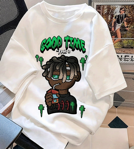 Casual Oversized T-Shirt with Anime Print - Soft Polyester Blend. Stretchy Material