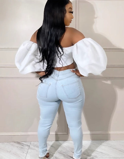 Load image into Gallery viewer, Women&#39;s Jeans - 2025 New Slim Sexy Light Blue Washed Steel Ring Lace-up Tight Ankle Jeans
