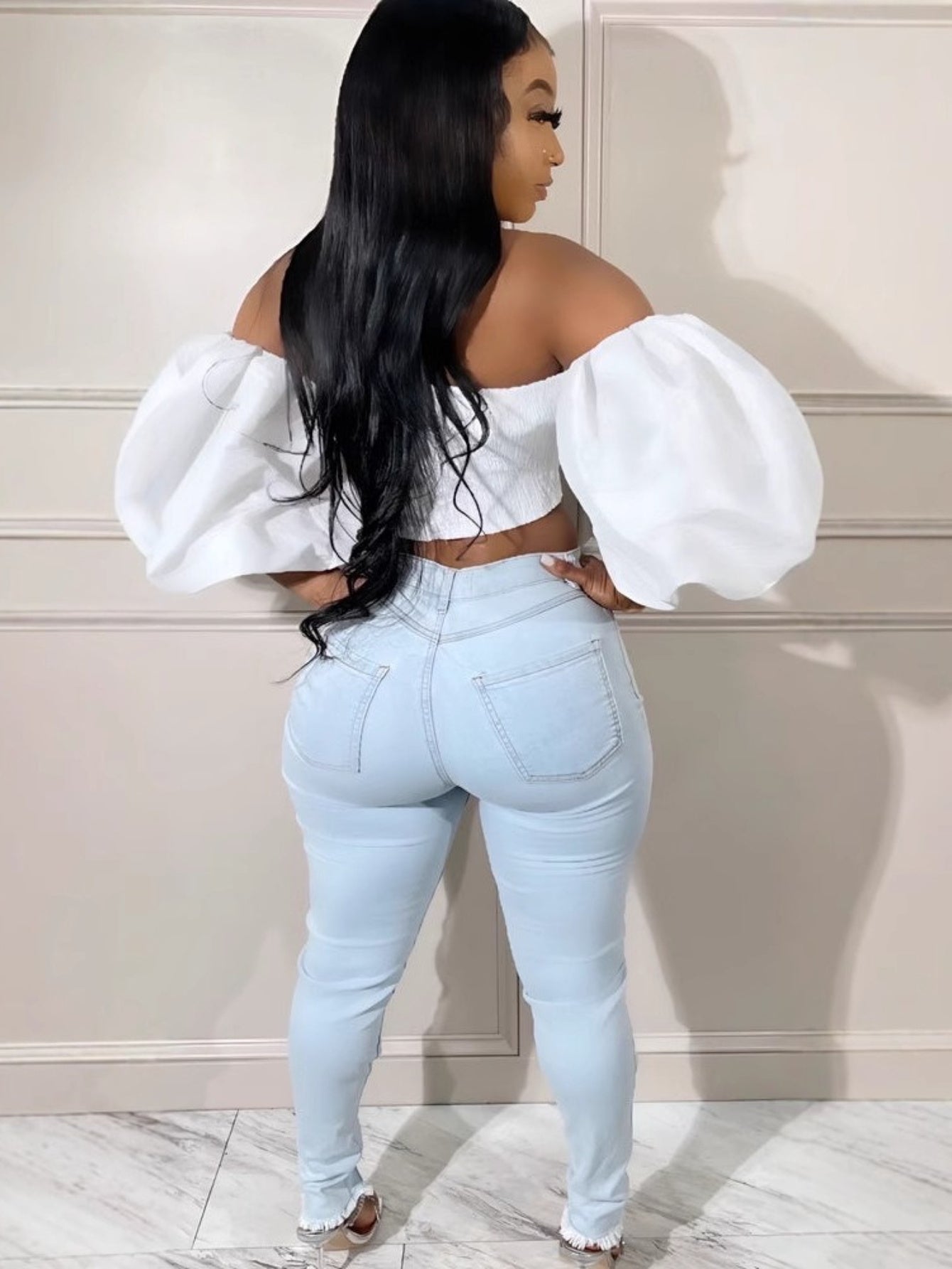 Women's Jeans - 2025 New Slim Sexy Light Blue Washed Steel Ring Lace-up Tight Ankle Jeans