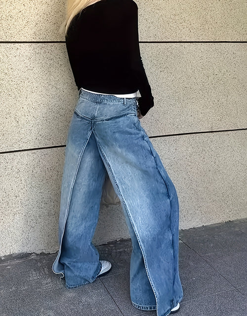 Load image into Gallery viewer, Women&#39;s 2-in-1 High Waist Vintage Washed Denim Jeans Magic Mia Barrel Jeans Baggy Urban Explorer Pants Faux Two-Layer Overlay Side Zipper Street Style
