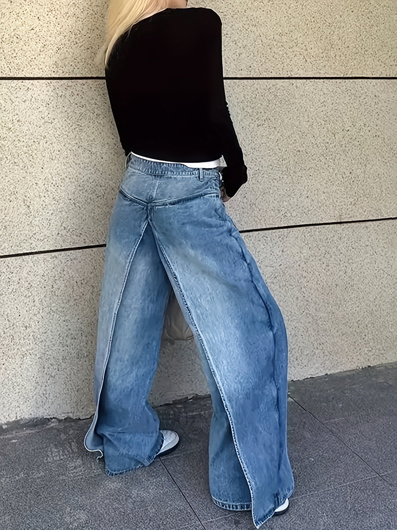 Women's 2-in-1 High Waist Vintage Washed Denim Jeans Magic Mia Barrel Jeans Baggy Urban Explorer Pants Faux Two-Layer Overlay Side Zipper Street Style