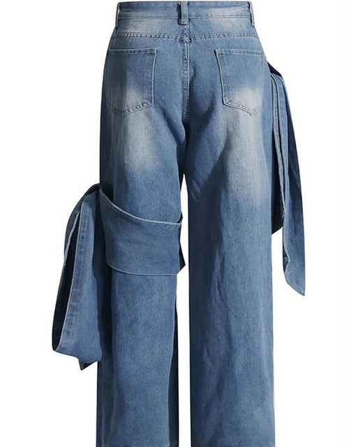 Load image into Gallery viewer, Women&#39;s High-Waisted Wide-Leg Jeans with Bow Tie Detail - Vintage Washed Denim, Y2K Streetwear Style, Machine Washable Straight-Leg Pants

