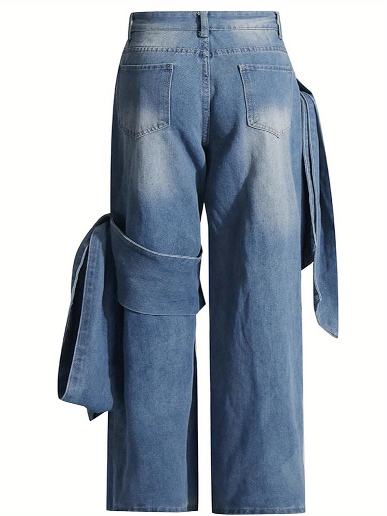 Women's High-Waisted Wide-Leg Jeans with Bow Tie Detail - Vintage Washed Denim, Y2K Streetwear Style, Machine Washable Straight-Leg Pants
