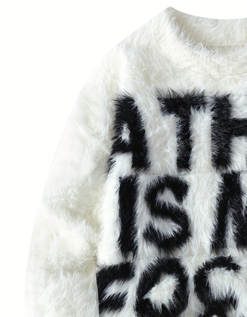 Load image into Gallery viewer, Men&#39;s Thick Fuzzy Sweater with Fleece &amp; &quot;THIS IS MY FOCUS&quot; Letter Print - White/Black Winter Warm Coat Jacket-like Collar, Loose Fit Round Neck Pullover for Casual &amp; Wear (No-Sew Design)
