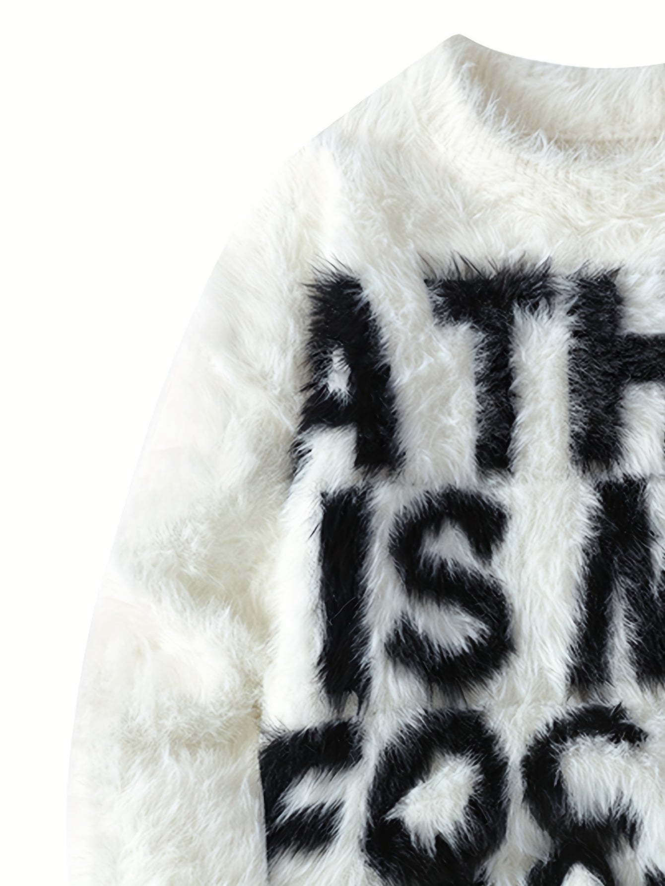 Men's Thick Fuzzy Sweater with Fleece & "THIS IS MY FOCUS" Letter Print - White/Black Winter Warm Coat Jacket-like Collar, Loose Fit Round Neck Pullover for Casual & Wear (No-Sew Design)