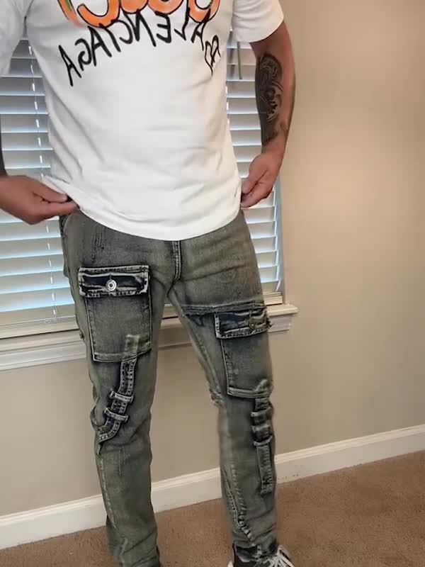 Men  Biker Moto Washed Distressed Slim Fit Straight Jeans Denim
