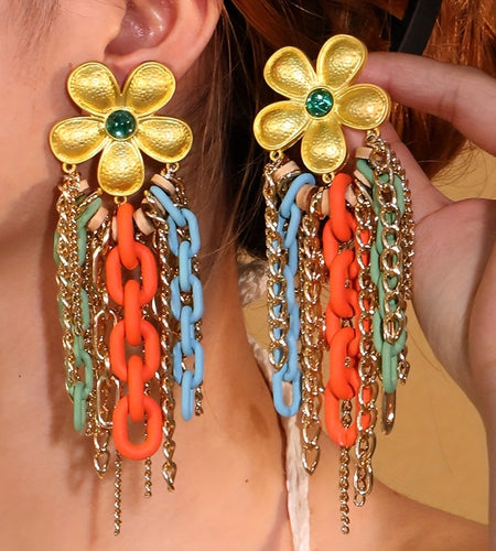 1 Pair Bo ho Chic Alloy Flower Tassel Earrings with Colorful Acrylic Chains, Stainless Steel Posts - Lightweight