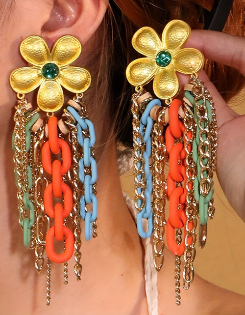 Load image into Gallery viewer, 1 Pair Bo ho Chic Alloy Flower Tassel Earrings with Colorful Acrylic Chains, Stainless Steel Posts - Lightweight
