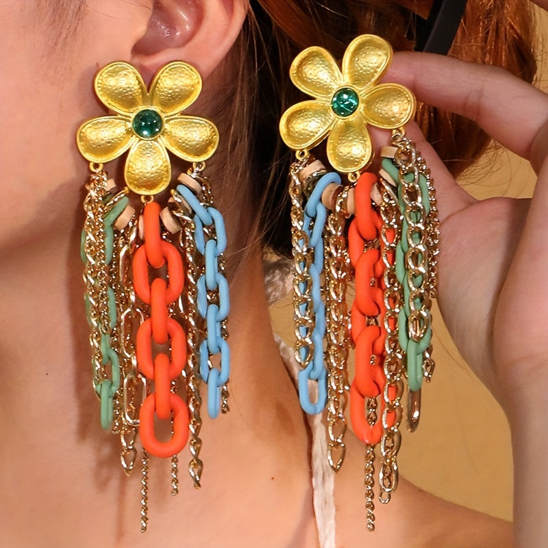 1 Pair Bo ho Chic Alloy Flower Tassel Earrings with Colorful Acrylic Chains, Stainless Steel Posts - Lightweight