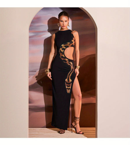 Chic Fashion] Stylish Sleeveless Maxi Dress with Golden Snake Motif, Side Slit & Cut-Out Details – Sexy Solid Color Black Polyester Dress for Women, Perfect for Spring/Summer Fashion, Chic Outfit | Glamorous Attire | Elegan