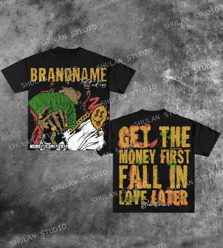 Men's Y2K-Inspired 100% Cotton T-Shirt - "Get the Money First" Graphic, Casual Round Neck Tee with Vibrant Print, Breathable & Machine Washable for Summer