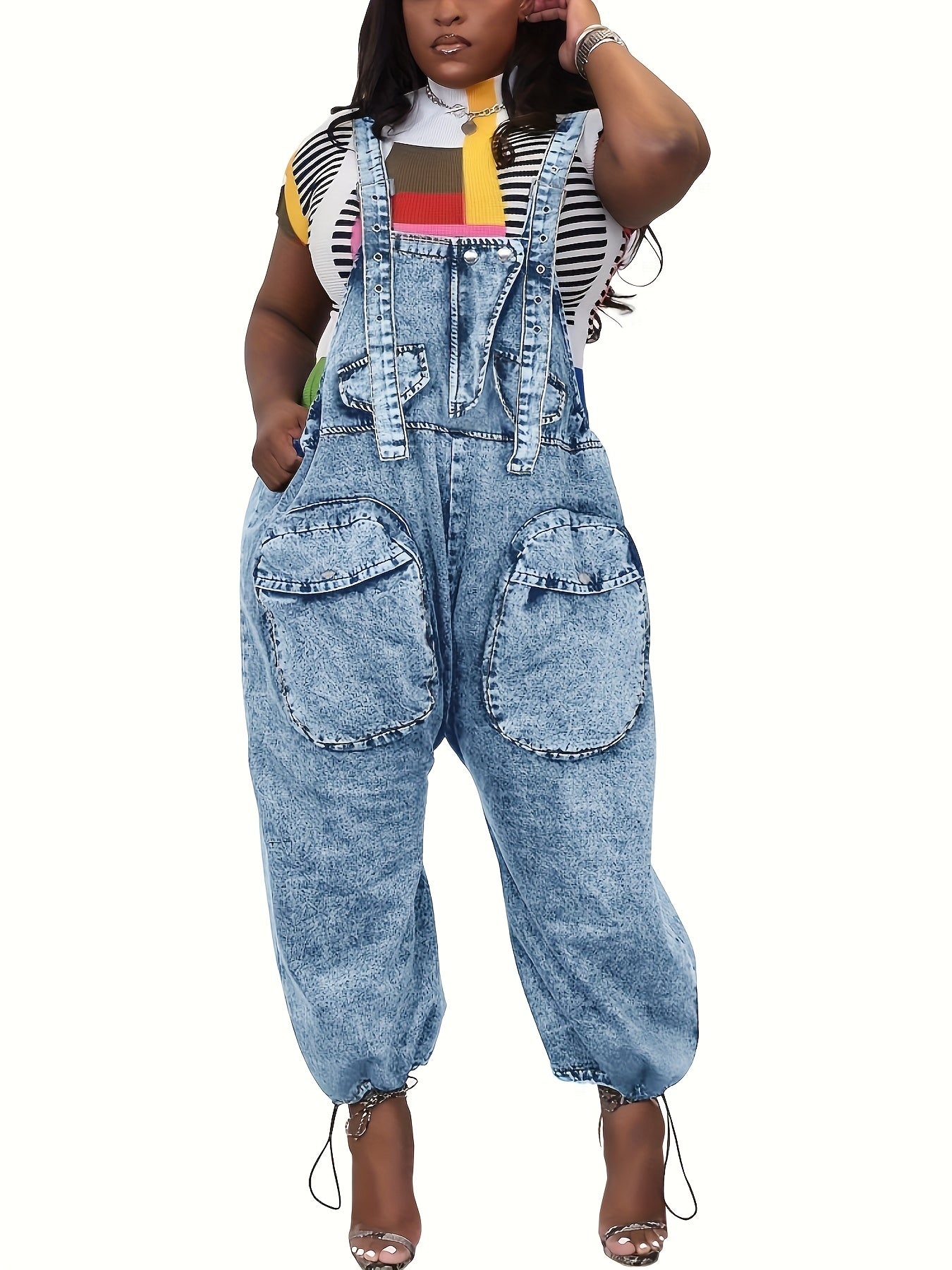 Women's High-Waisted Bib Denim Overalls Jumpsuit - Loose Wide-Leg Jeans with Cargo Pockets, Adjustable Straps & Metal Buckles, 98% Cotton, Machine Washable for Casual Streetwear