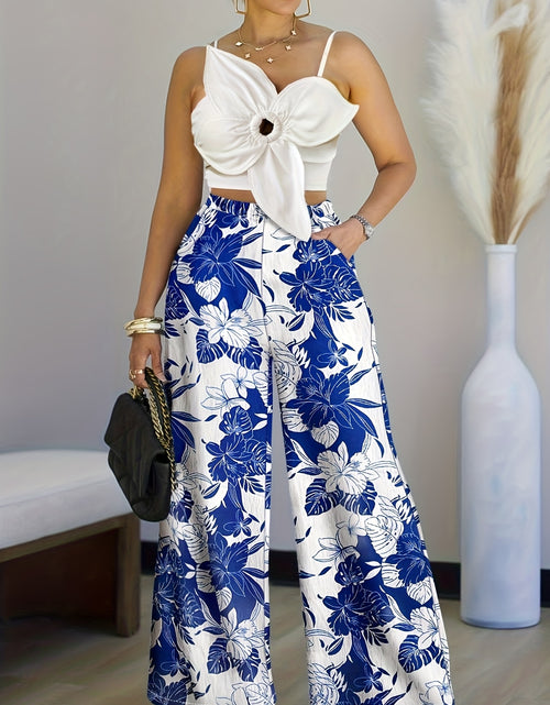 Load image into Gallery viewer, 2pcs Outfit 3D Flower Decor Asymmetrical Neck Spaghetti Strap Top And Casual Floral Print Wide Leg Pants Set
