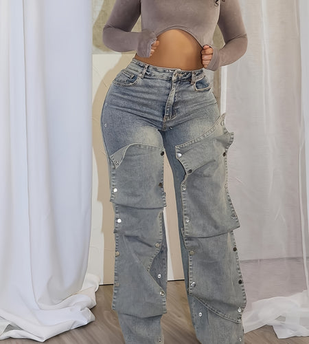 Plus Size - Plus Size - Plus Size - Women'S High-Waisted Straight-Leg Jeans - Vintage Wide-Leg Straight-Leg Jeans with Pockets, Casual Loose Fit for Fall/Winter, Casual Attire|Vintage Style Jeans|Nonstretch Fabric