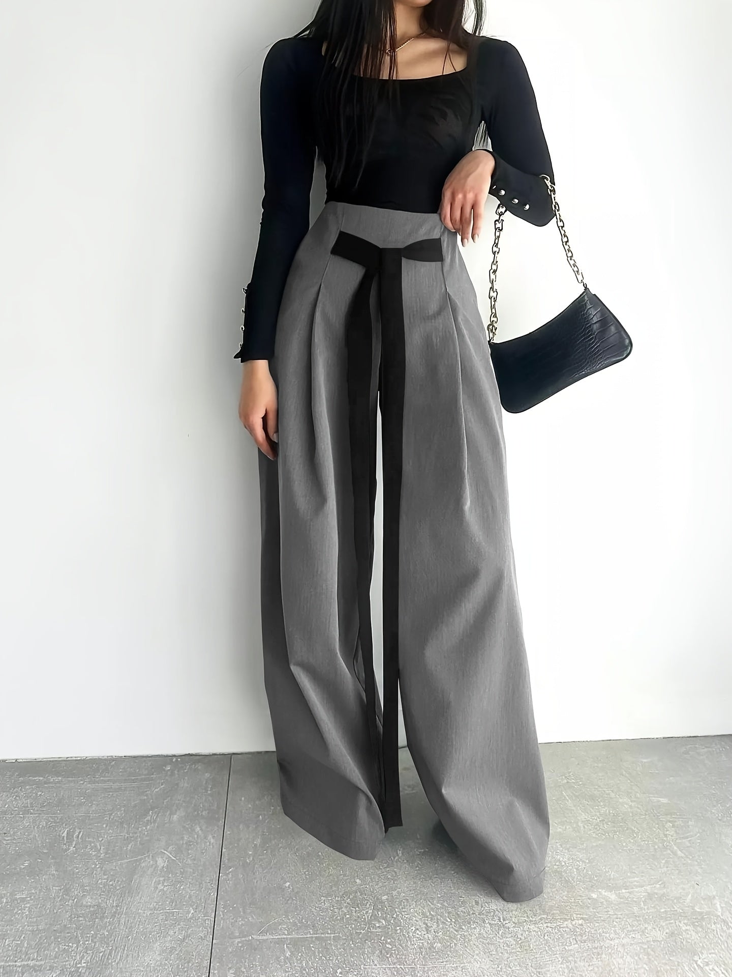 Women's High-Waisted Wide Leg Pants with Adjustable Tie Waist & Pockets - Casual to Business Casual Loose Fit Trousers, Solid Color All-Season Machine Washable, Business Casual Trousers | Pleated Pants | Functional Pockets Tr