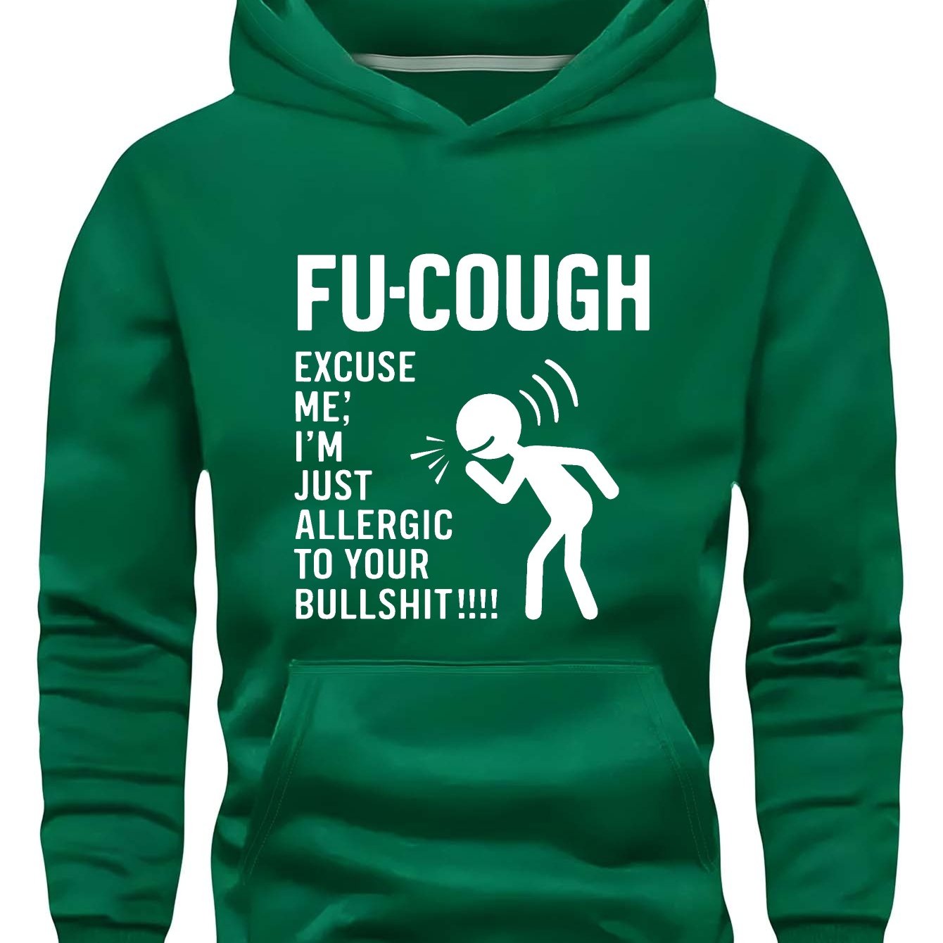 Durable, Men "FU-COUGH" Humorous Graphic Hoodie - Black Long Sleeve Casual Sweatshirt with Stick Figure Coughing Design, Polyester, Fall/Winter Wear